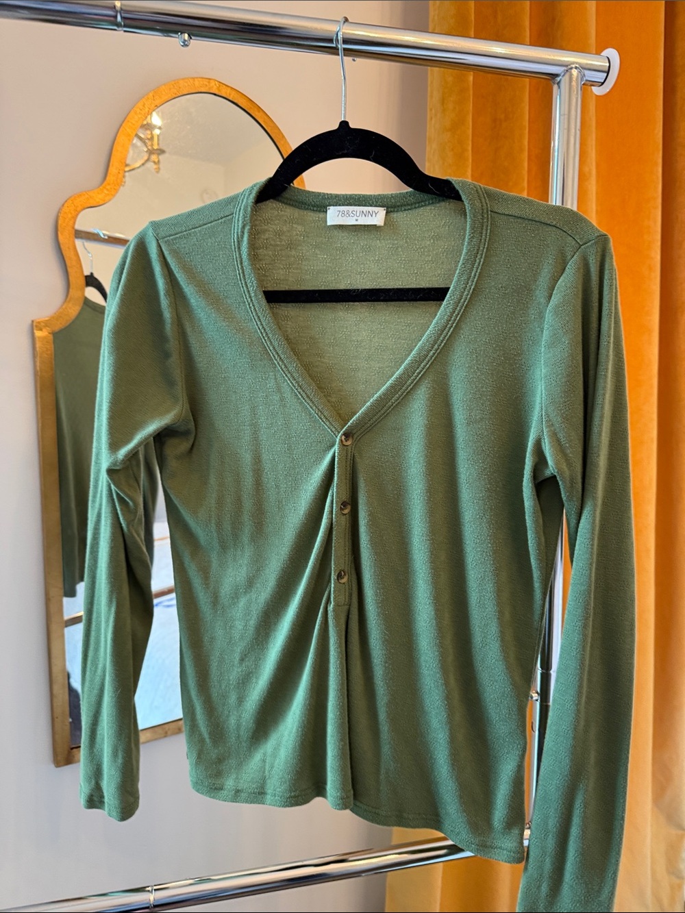 Soft women’s olive Green V-Neck Button Front Top with Pointelle detail